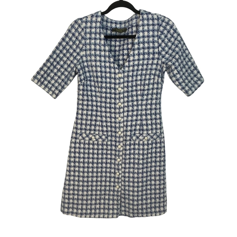 Melonie Women's Blue White Gingham Tweed Button Country Club Preppy Mini Dress 6 - Picture 2 of 8